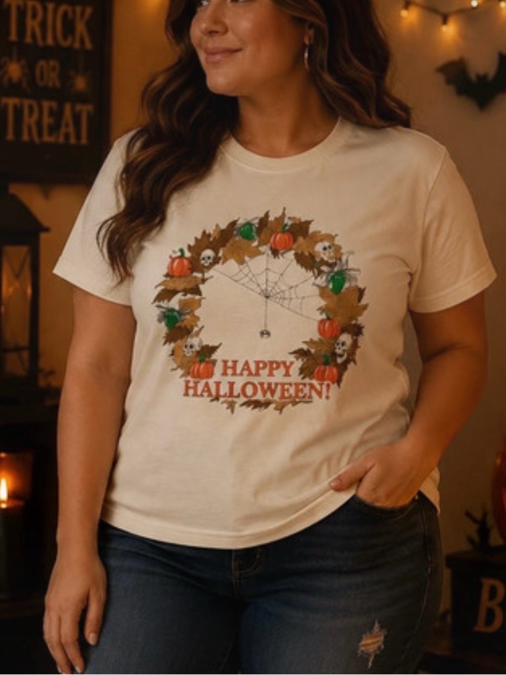 Vintage Happy Halloween Pumpkin Womens T-shirt Large Anvil Spiders Leaves